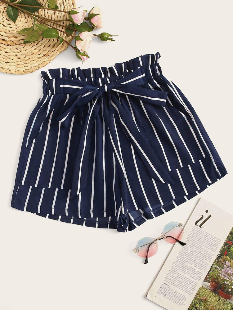Striped Tie Front Paperbag Shorts