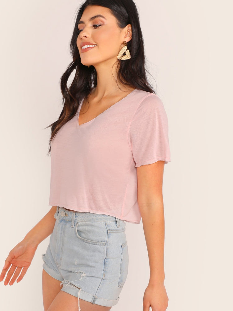 V-neck Solid Crop Tee