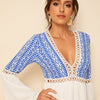 Plunging Neck Lace Insert Bell Sleeve Tribal Print Dress