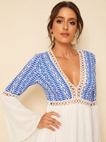Plunging Neck Lace Insert Bell Sleeve Tribal Print Dress