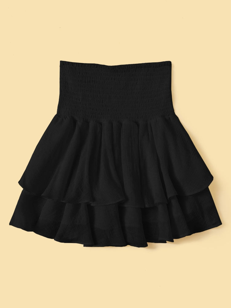 Solid Shirred Layered Ruffle Skirt