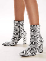 Snakeskin Print Chunky Heel Side Zipper Boots