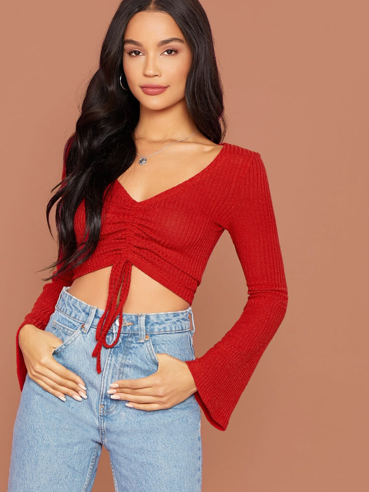 Drawstring Front Bell Sleeve Crop Top