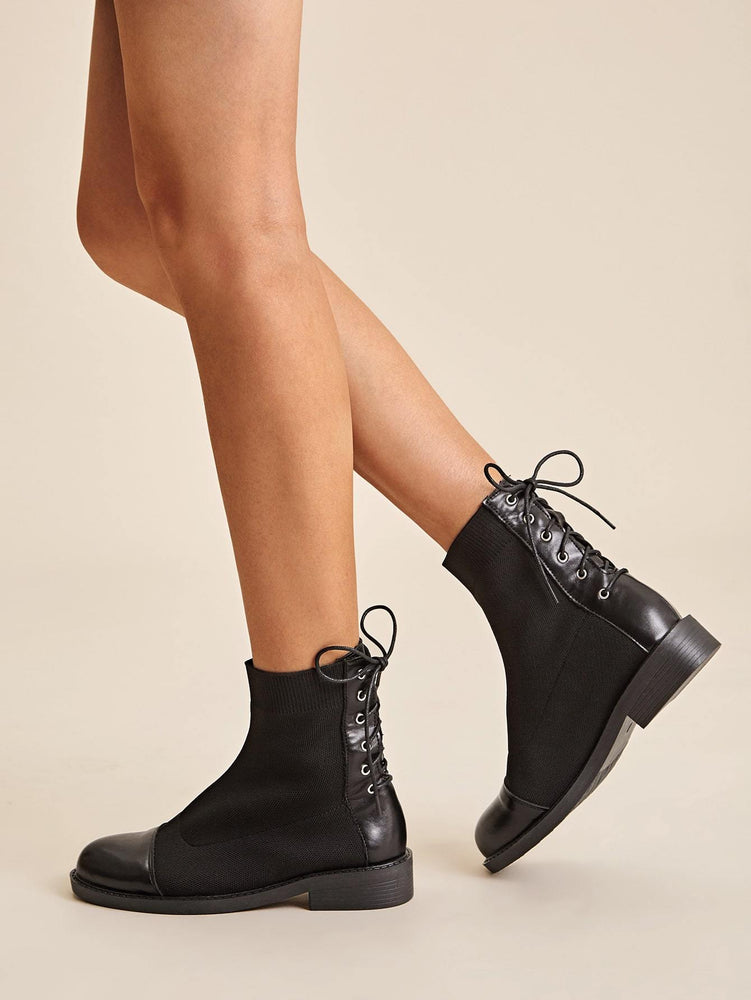 Lace-up Back Knit Panel Boots