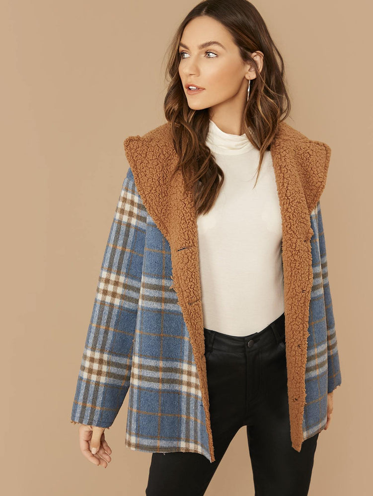 Single Breasted Contrast Lining Plaid Coat