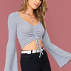 Drawstring Front Bell Sleeve Crop Top